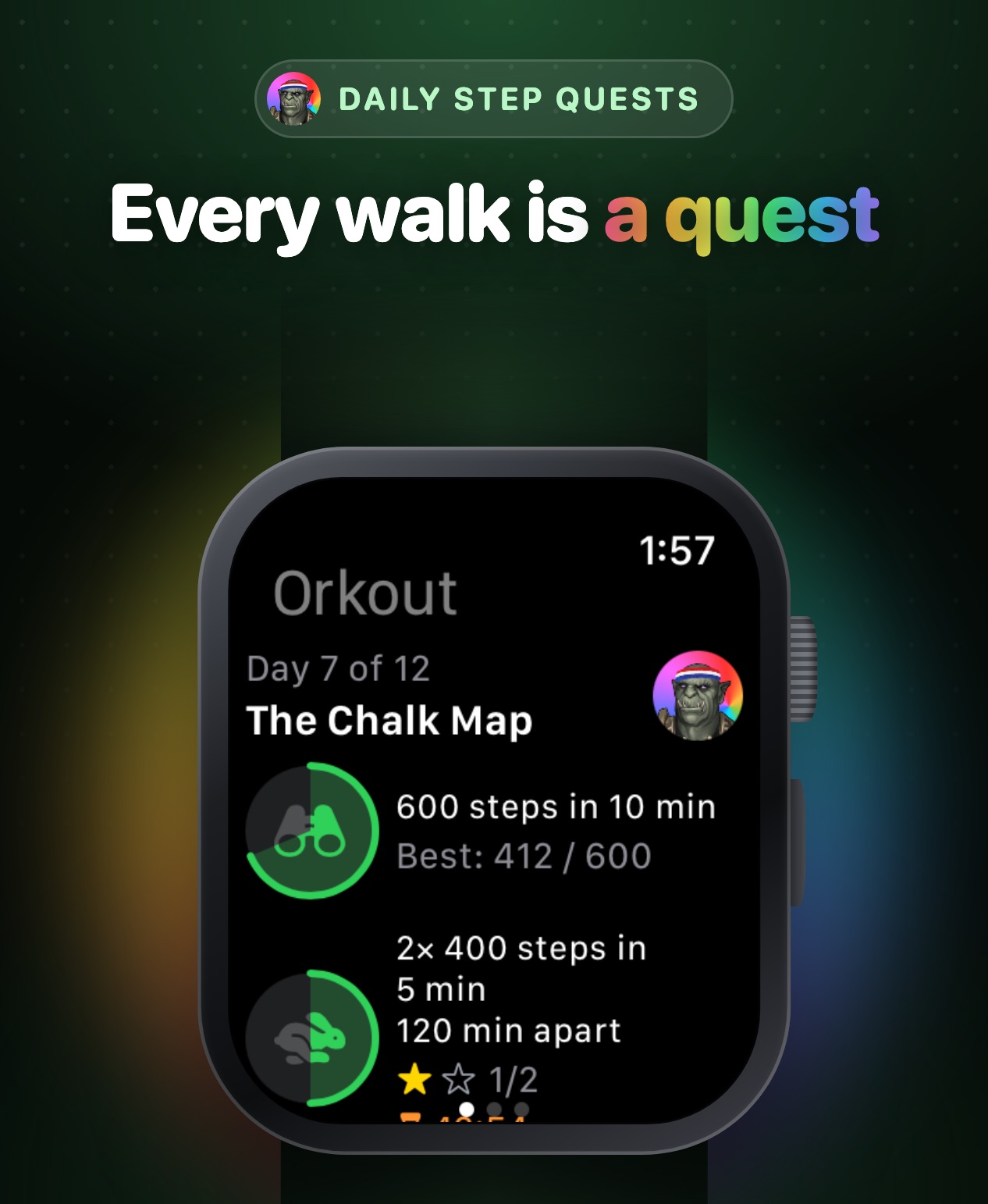 Today's quest on Apple Watch: three step challenges filling in like pies